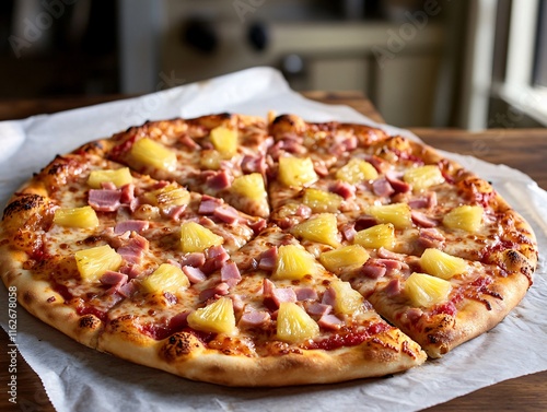 Delicious Hawaiian Pizza with Ham and Pineapple photo