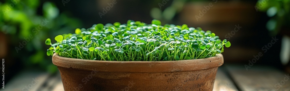 Fresh green microgreens growing in a terracotta pot Fresh green microgreens growing in a terracotta pot