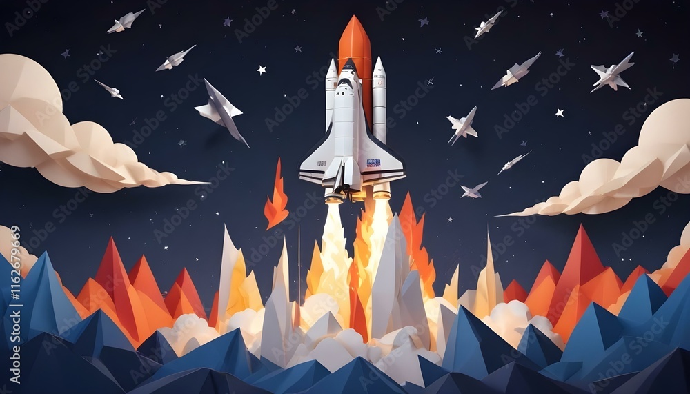 Naklejka premium Un transbordador espacial despegando hacia el cielo nocturno, con una gran columna de humo y llamas tras él