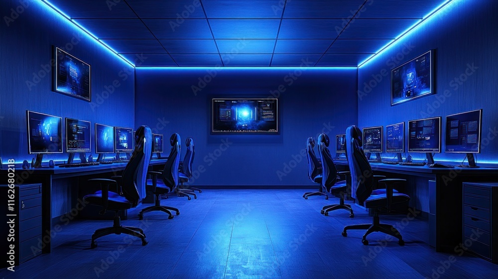 Blue-lit futuristic server room with multiple workstations. Blue-lit futuristic server room with multiple workstations.