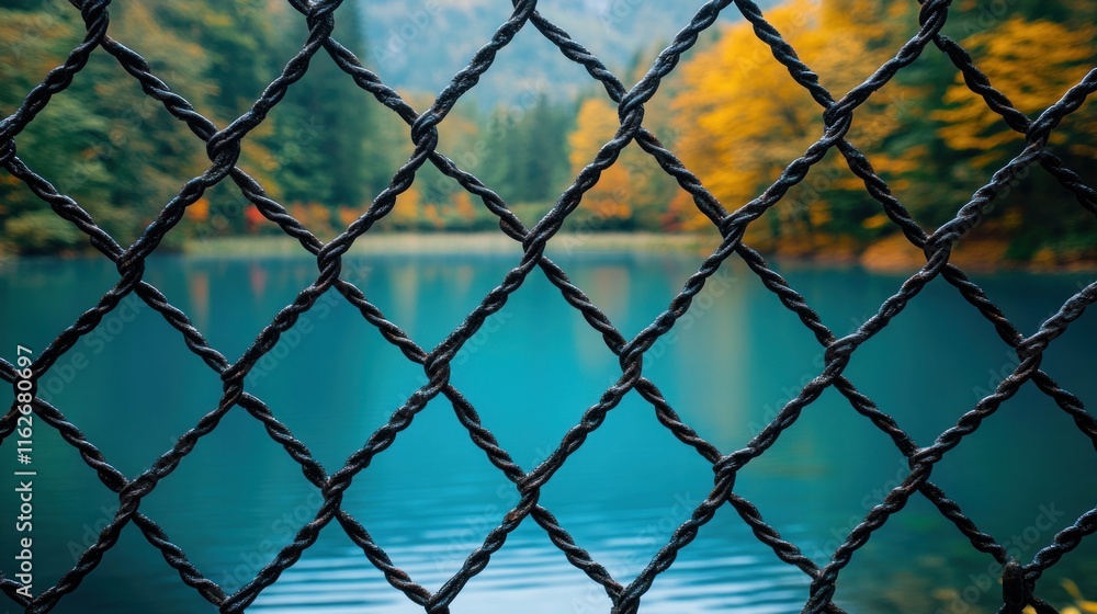 Naklejka premium Blurred autumn lake view through a wire mesh fence.