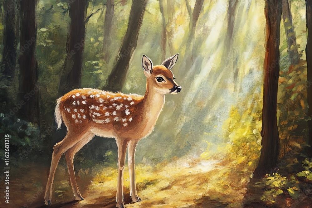A young fawn stands in a sunlit forest clearing A young fawn stands in a sunlit forest clearing