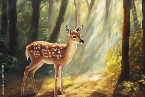 A young fawn stands in a sunlit forest clearing photo