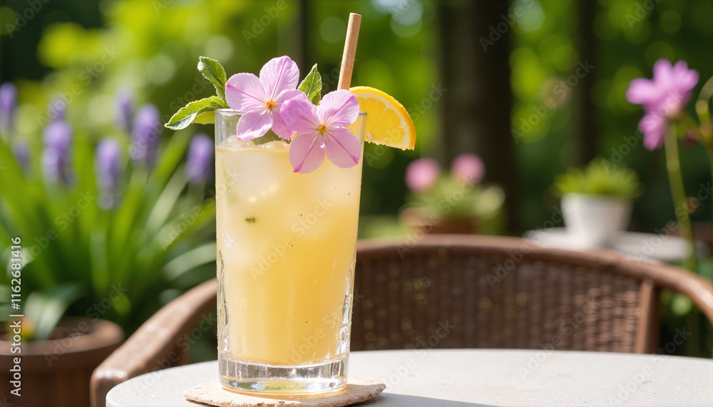 Refreshing cocktail with flowers on garden table, Spring Promotions Refreshing cocktail with flowers on garden table, Spring Promotions