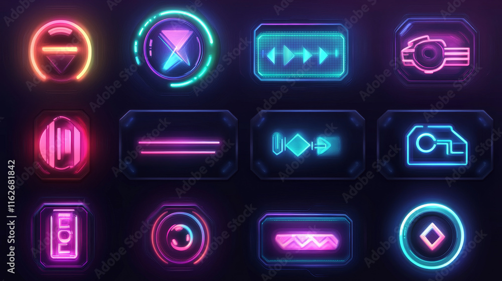 Loading process and status bar icons, HUD interface. Vector Sci Fi digital futuristic elements for dashboard, technology style neon glowing ui navigation for game menu design or web site data load Loading process and status bar icons, HUD interface. Vector Sci Fi digital futuristic elements for dashboard, technology style neon glowing ui navigation for game menu design or web site data load