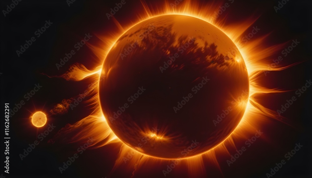 Un sol grande y ardiente con una superficie brillante y resplandeciente y manchas solares prominentes. El sol parece ser el tema principal, llenando el encuadre contra un fondo oscuro Un sol grande y ardiente con una superficie brillante y resplandeciente y manchas solares prominentes. El sol parece ser el tema principal, llenando el encuadre contra un fondo oscuro