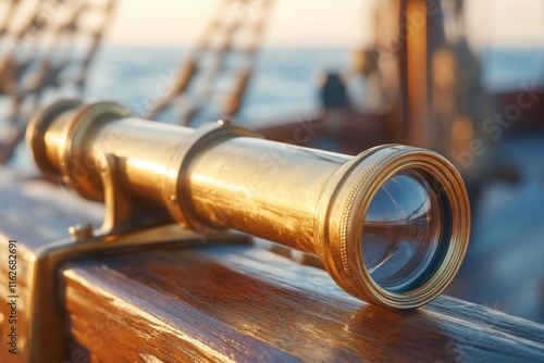 Golden telescope on ship deck, sea beyond.