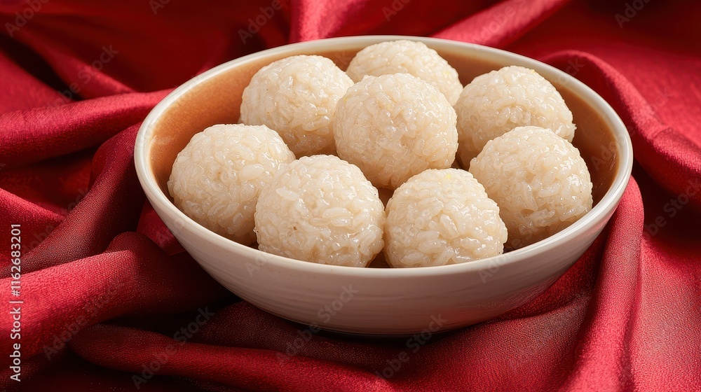 Chinese New Year's Eve Concept, Delicate Glutinous Rice Balls Served in a Stylish Ceramic Dish on a Luxurious Red Fabric Background Chinese New Year's Eve Concept, Delicate Glutinous Rice Balls Served in a Stylish Ceramic Dish on a Luxurious Red Fabric Background