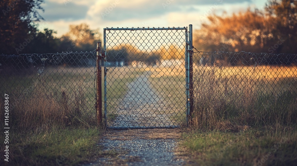 Gate opens to a pathway in nature. Gate opens to a pathway in nature.
