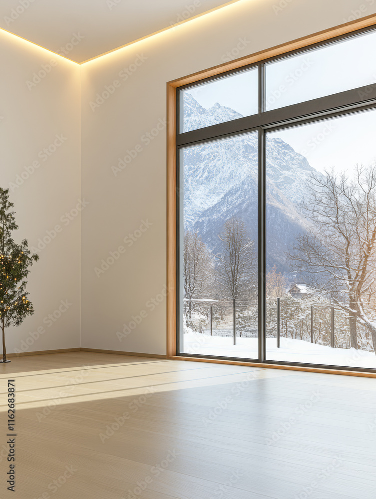 Fototapeta premium Modern interior design showcases snowy mountain view through large window