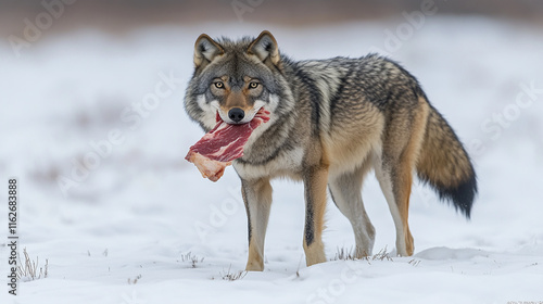 Wolf carries prey in snowy landscape during wintertime photo