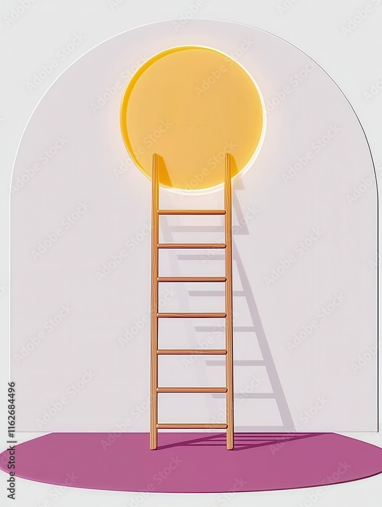 A wooden ladder reaching towards a glowing circular light. A wooden ladder reaching towards a glowing circular light.