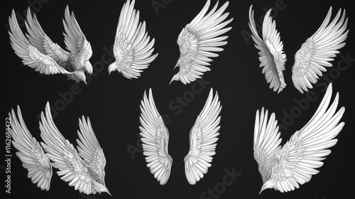 Set of outline heraldic wings in black and white with feather detail for use in heraldry and religion design photo