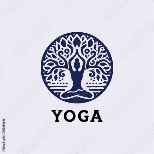 a yoga logo with a tree and a person doing yoga