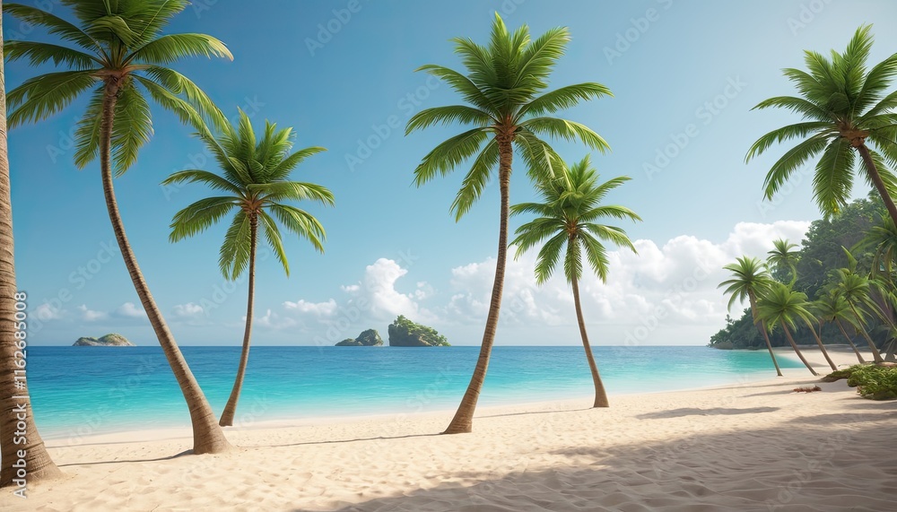 Fototapeta premium green beach with palm trees, a tropical summer beach and a summer background