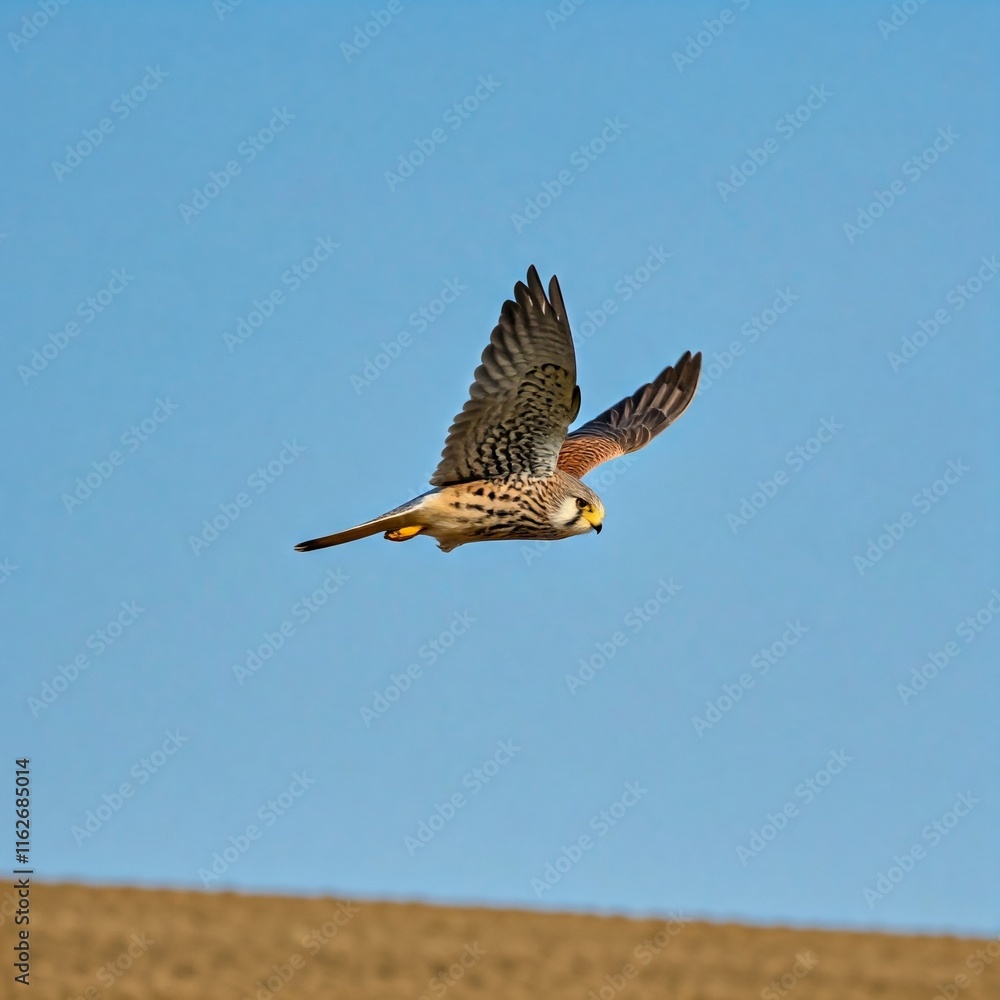 Fototapeta premium A kestrel hovering in the sky while scouting for prey over an open field. 