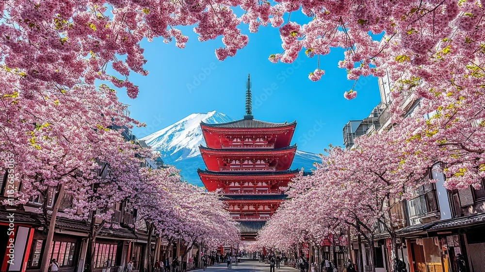 Fototapeta premium Cherry blossoms and pagoda in Japan with Mount Fuji in the background.