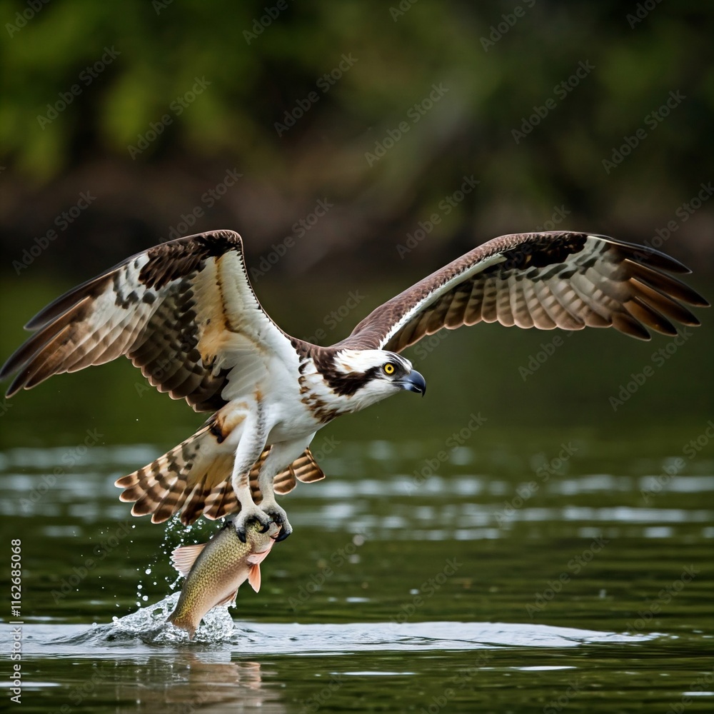 Obraz premium An osprey carrying a fish in its talons as it flies over a river. 