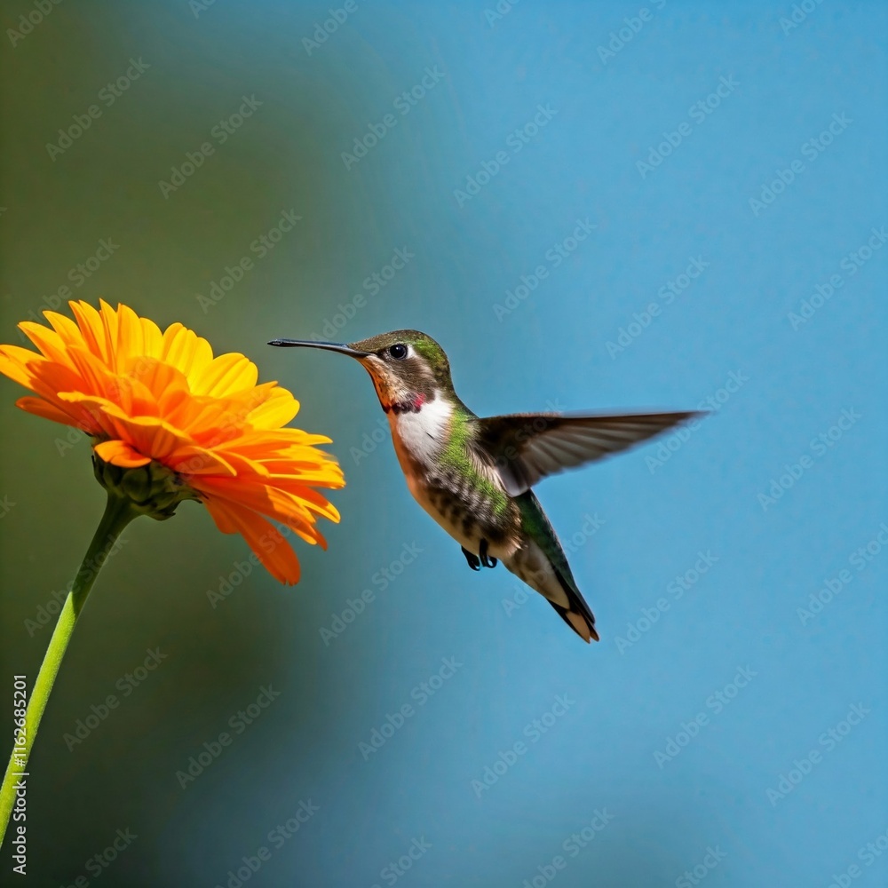 Fototapeta premium A hummingbird captured in slow motion as it hovers near a vibrant flower, with the sky as a backdrop. 