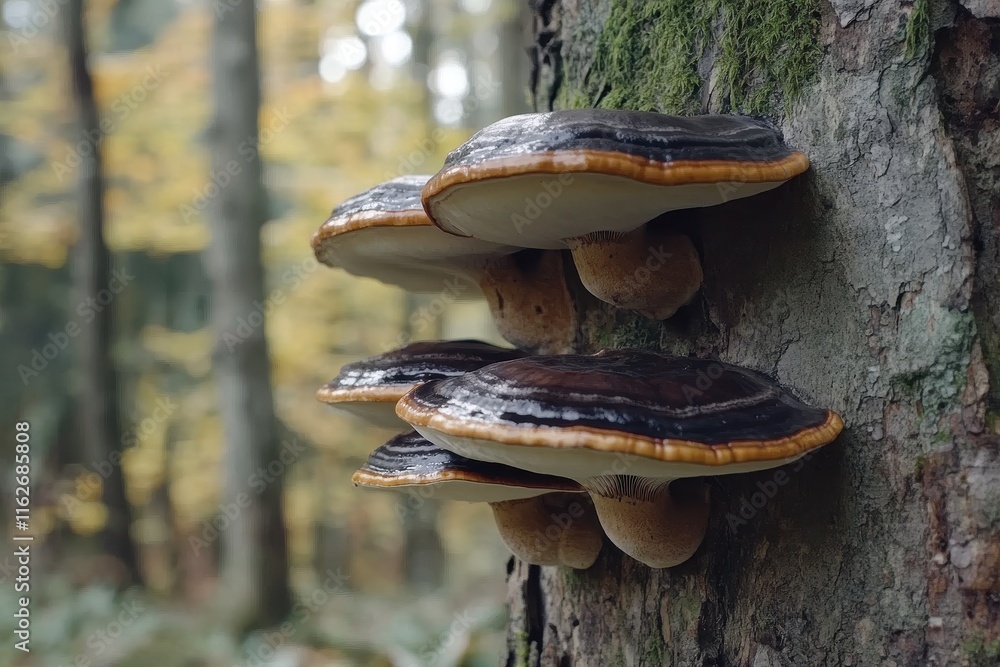 Mushrooms cluster on a mossy tree trunk in a dense forest. The autumn foliage creates a warm backdrop, highlighting the mushrooms' unique shapes and colors. Mushrooms cluster on a mossy tree trunk in a dense forest. The autumn foliage creates a warm backdrop, highlighting the mushrooms' unique shapes and colors.