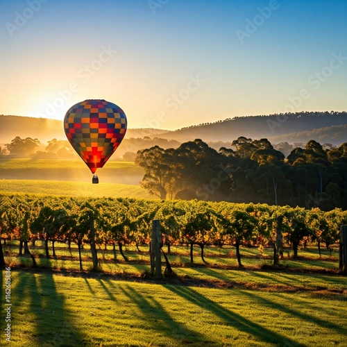 A tranquil scene of a hot air balloon floating over the Yarra Valley vineyards at dawn.
