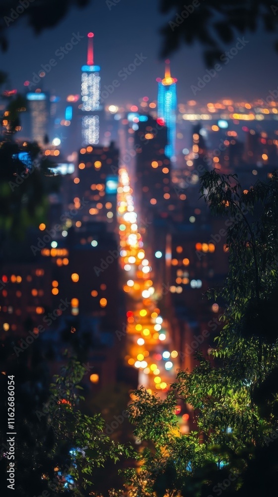 Fototapeta premium Nature-inspired blue hues Blue neon lights illuminate city