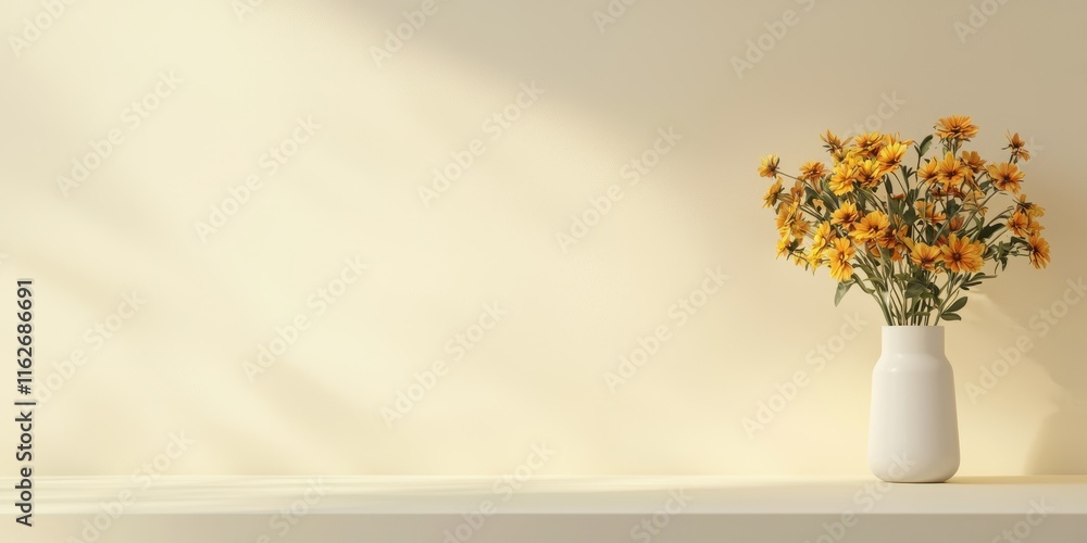 A vibrant bouquet of yellow flowers in a minimalistic vase on a soft background. A vibrant bouquet of yellow flowers in a minimalistic vase on a soft background.
