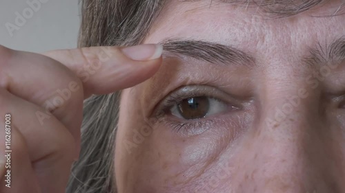 Close-up of a woman's face with grey hair, examining her bags under her eyes and swollen upper eyelids. Concept of plastic surgery of the face, eyelid lift, blepharoplasty, cosmetology, lymphatic drai