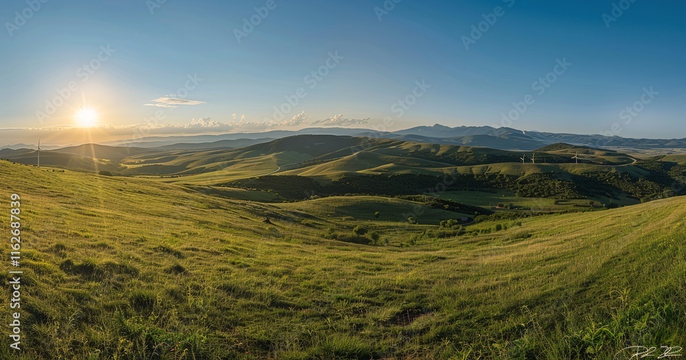 Obraz premium Golden hour sunlight bathes rolling green hills and distant mountains in a breathtaking panoramic view.