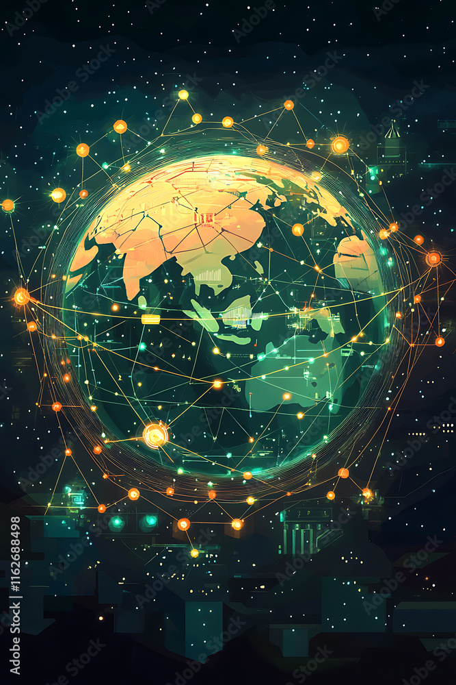 A digital representation of Earth interconnected by networks and lights against a starry backdrop. A digital representation of Earth interconnected by networks and lights against a starry backdrop.