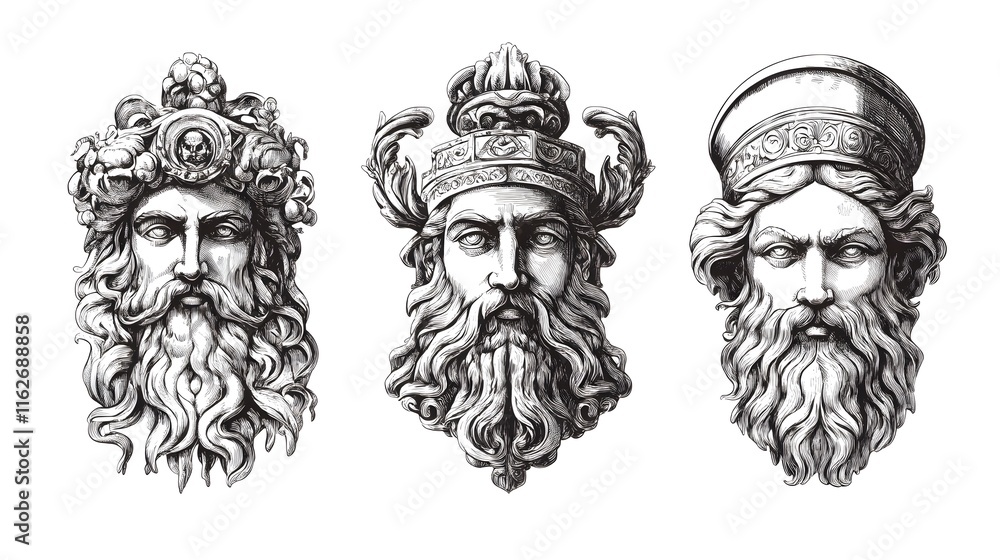 Fototapeta premium Three Ornate Engraved Heads With Elaborate Headwear