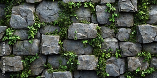 Stone wall with moss and vines in natural texture