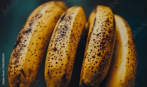 Close-up of four ripe, speckled bananas. photo