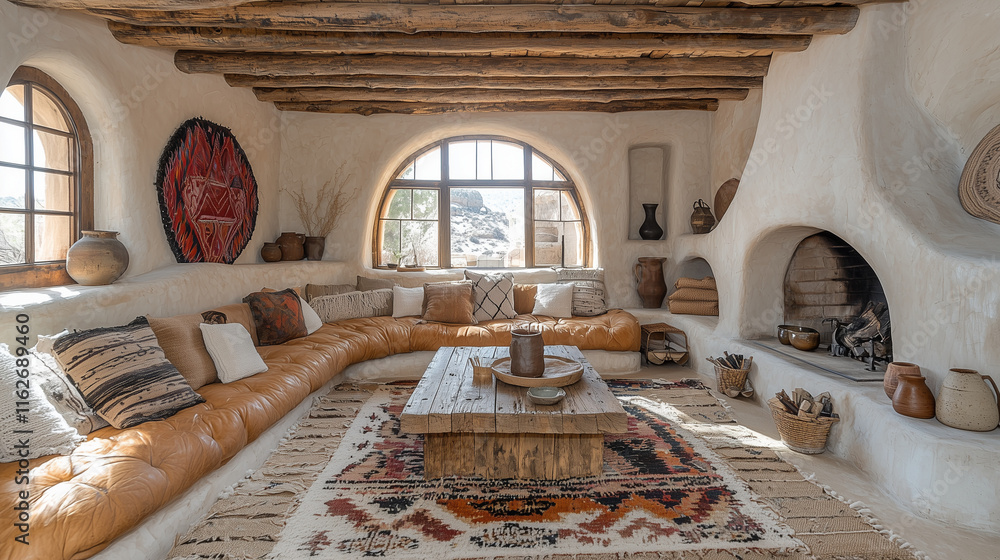 Naklejka premium Salon chaleureux et accueillant dans une maison de style Santa Fe