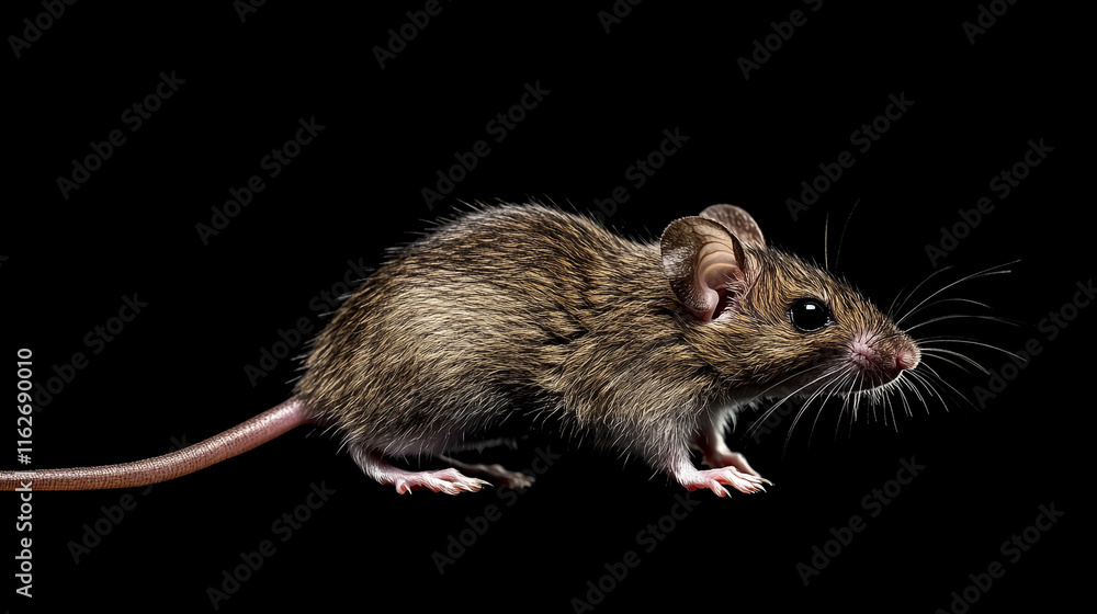 Mouse stands against a black background showcasing its detailed fur and features Mouse stands against a black background showcasing its detailed fur and features