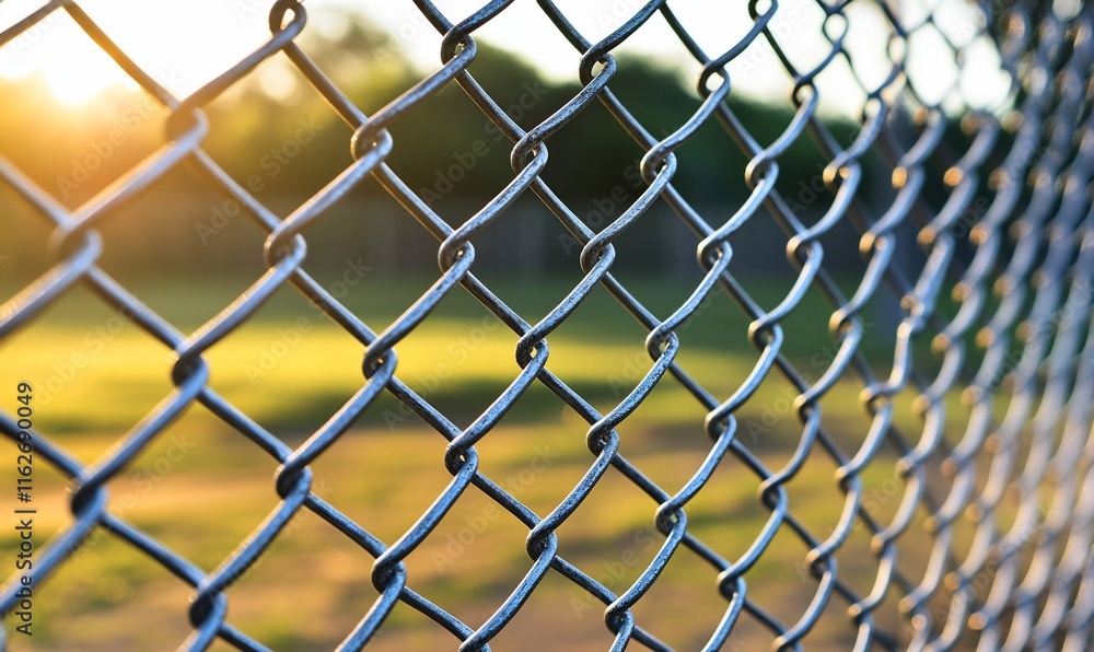 Fototapeta premium Chain link fence with blurred background at sunset.