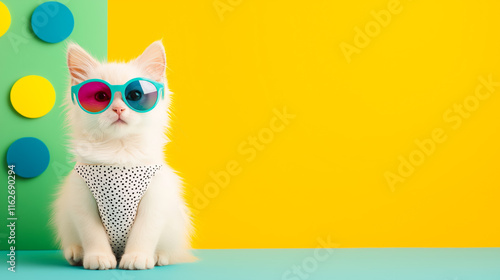 Cute white cat in sunglasses and polka dot swimsuit poses against bright yellow background