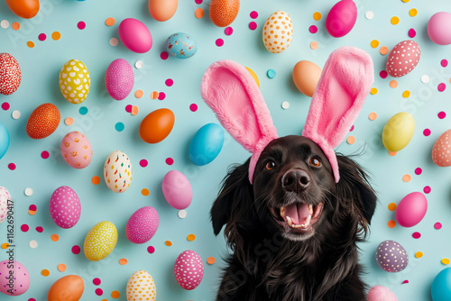 Black dog wearing pink bunny ears among colorful Easter eggs and confetti decorations for a festive celebration photo