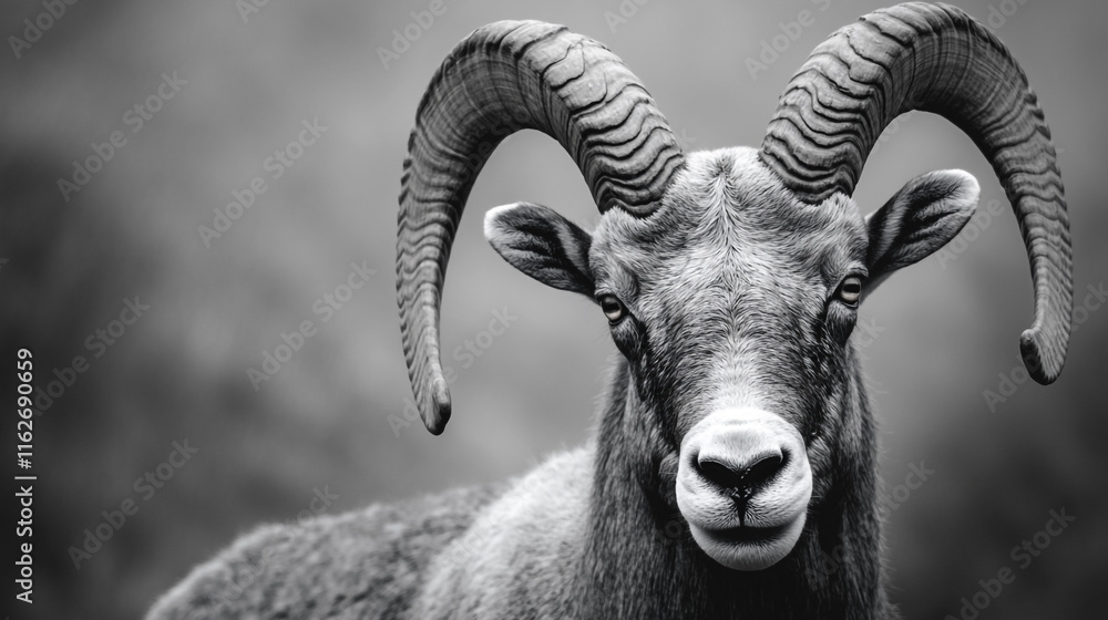 Majestic ram with impressive horns in natural habitat under soft light Majestic ram with impressive horns in natural habitat under soft light
