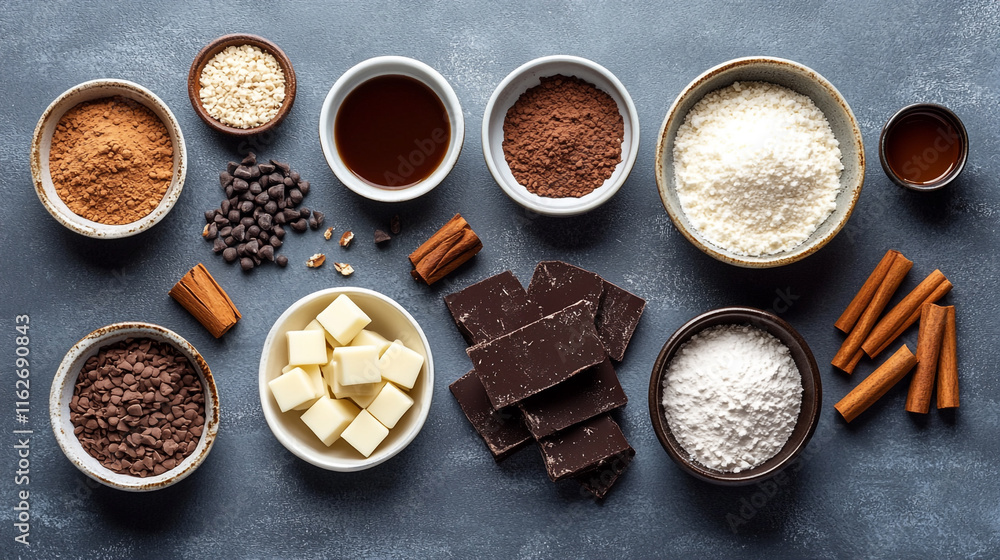 Chocolate and spice ingredients arranged on a blue surface ready for baking Chocolate and spice ingredients arranged on a blue surface ready for baking