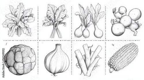 Raw isolated vegetable sketches. Crossword puzzle worksheet. Word quiz, vector riddle with corn, radish and arracacia, rutabaga, caigua and cyclanthera, celery, chayote, yam and taro, turnip, parsnip photo