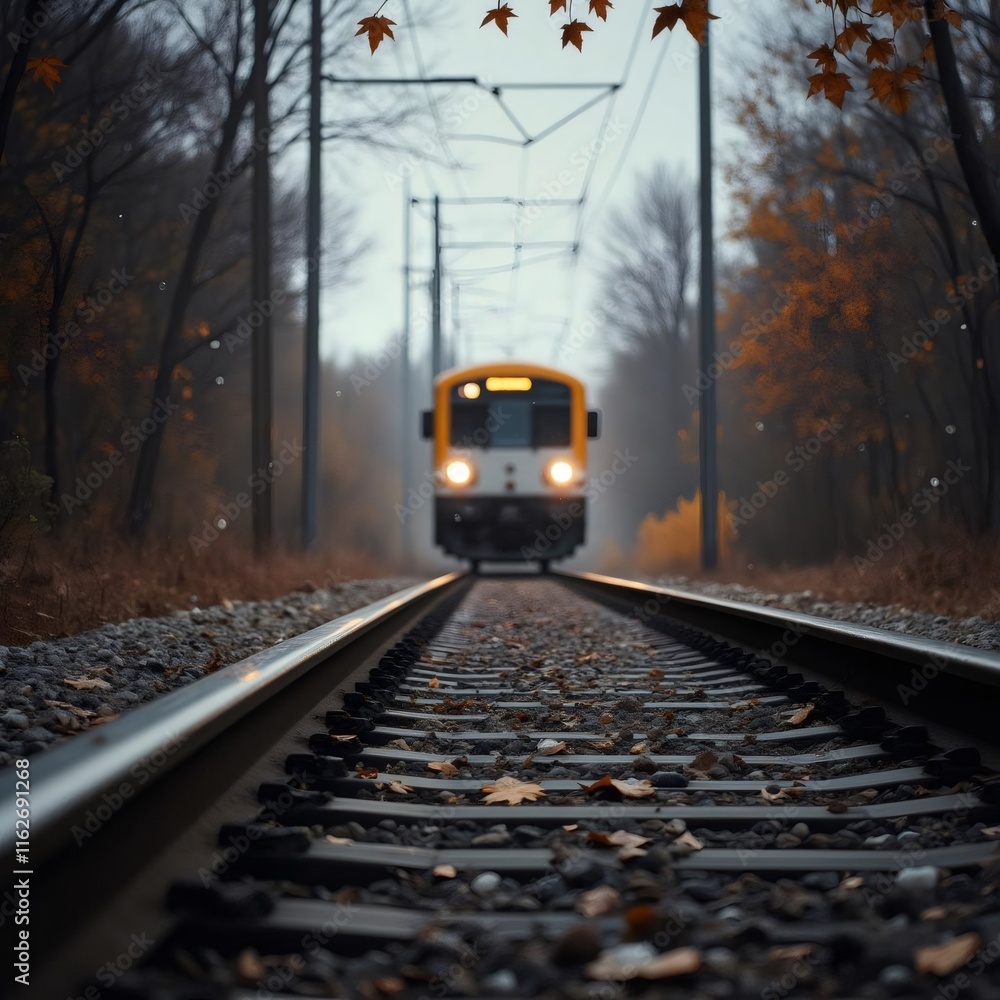 Fototapeta premium Un tren se aproxima por las vías en un paisaje otoñal, creando una atmósfera de viaje y aventura 