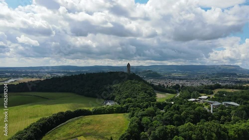 Aerial views of the National Wallace Monument Stirling, Scotland.