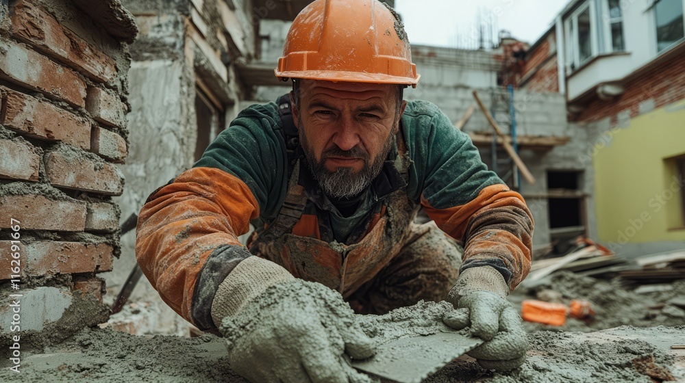 Focused construction worker in a hard hat and gloves spreading cement on bricks at an active building site under construction. Focused construction worker in a hard hat and gloves spreading cement on bricks at an active building site under construction.