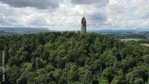 Aerial views of the National Wallace Monument Stirling, Scotland.