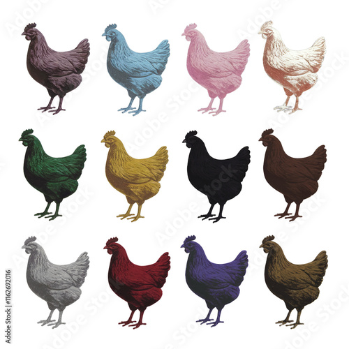  Set of chicken rooster bird Silhouettes assorted colors transparent background clipart farm animal element graphic art design photo