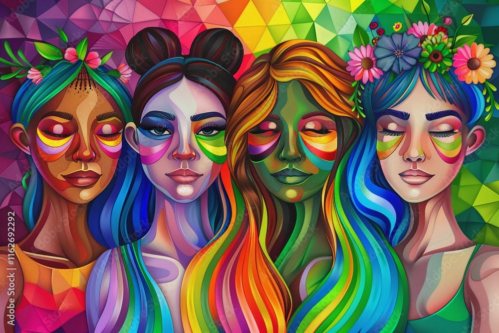 Obraz premium Vibrant portrait of four women with colorful, stylized makeup. Their flowing hair and floral crowns create a whimsical, artistic mood.