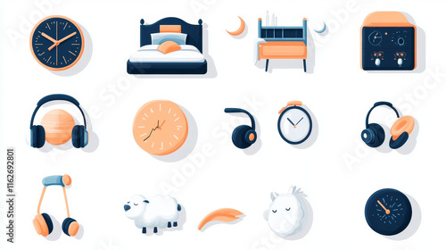 Sleep icons, night dreams and bedtime items, bed pillow, moon and bedroom vector symbols. Sleep snooze zzz linear icon with cartoon sheep, sleeping mask and ear plug, alarm clock and dream catcher photo