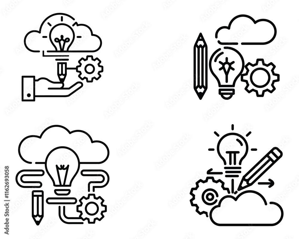 Creative Line Art Icon for Innovation and Design - Light Bulb, Pencil, Gear, and Cloud Vector Illustration
