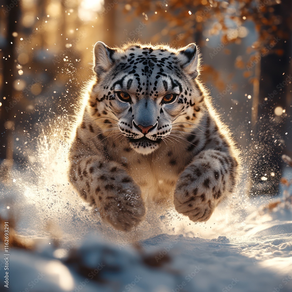 Fototapeta premium Majestic snow leopard leaping through snowy forest, backlit by golden sunlight.